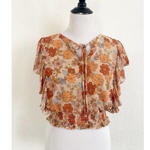 London Rose Floral Mesh Crop Top Size M Smocked Flutter Sleeve Boho 70s Style